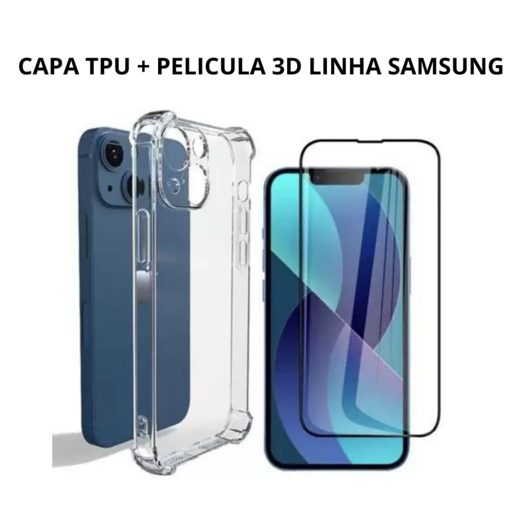 CAPA DE SILICONE  TPU COM BORDAS ANTI-IMPACTO  + PELICULA DE VIDRO 3D SAMSUNG A30s/A50 A31 A32 A33 A34 A35 A36