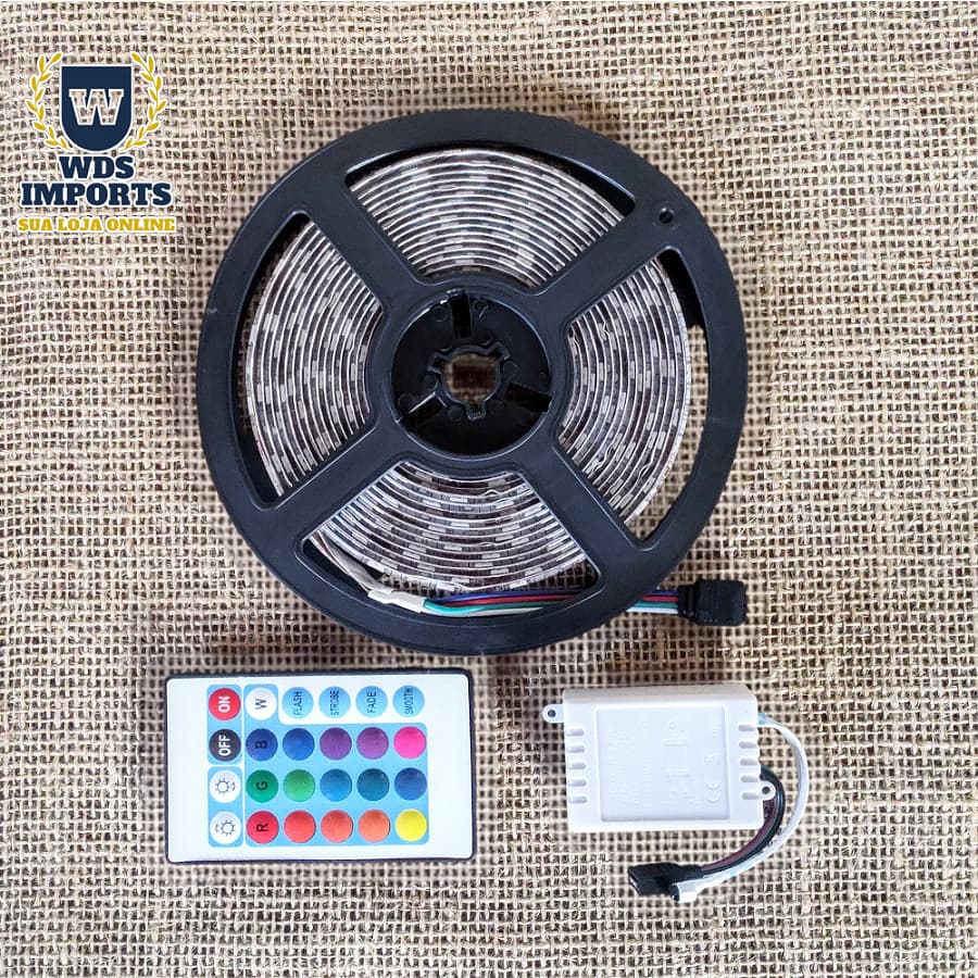 Kit Fita Led Rgb 5050 5 Metros + Controle Rolo + Fonte 16 Cores Colorida 300 Leds