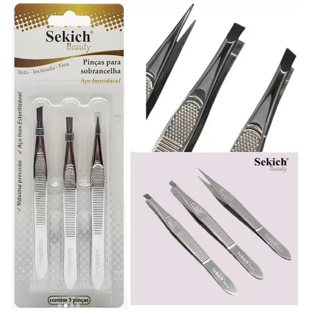 kit 3 Pinças Para Sobrancelhas Pêlos Sekich Beauty