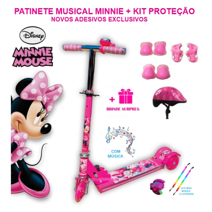 Patinete Musical Minnie de Ferro Rosa Menina Infantil Led Nas Laterais 3 Rodas Freio Buzina 3-6 Anos