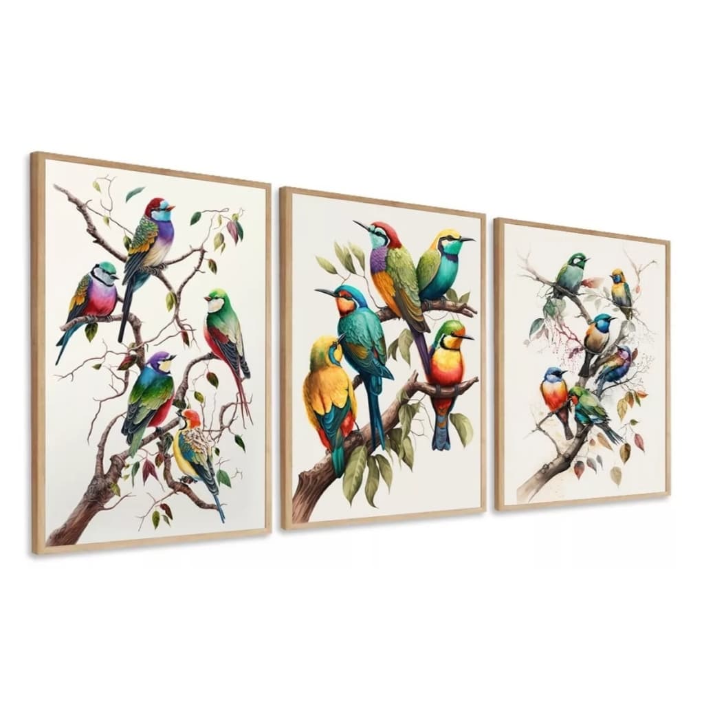 Kit 3 Peças Quadro Decorativo Pássaros Galhos Variados Lindos Arte Decoração Sala Quarto Cozinha