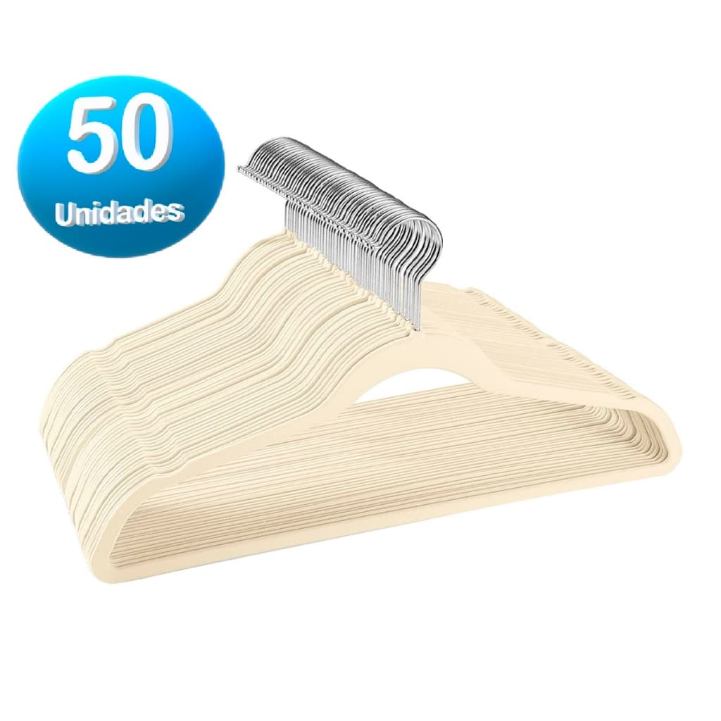 Kit 50 Cabides de Veludo Ultra Fino Antideslizante Bege