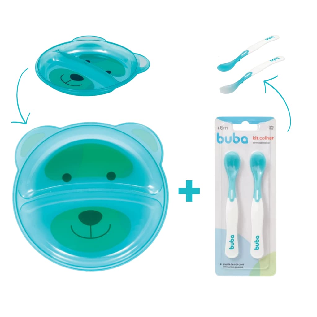 Kit Introdução Alimentar Buba Prato Bebê Divisória Colher de Treinamento Termossensível Buba