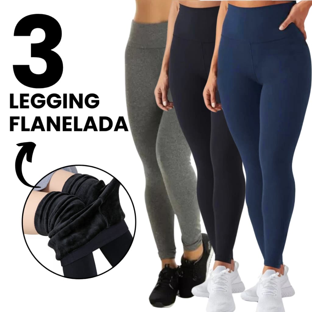 KIT 3 Calças Flanelada Inverno Legging Peluciada Frio Feminina Mulher Preta Cinza Azul Vinho Suplex Reforçada