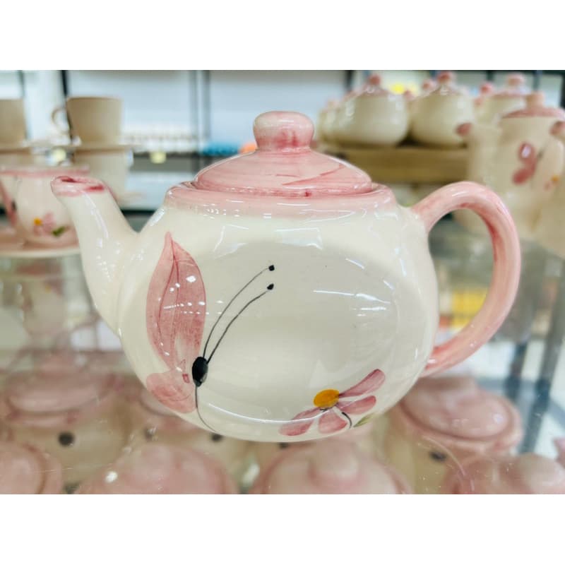 Chaleira Bule com Tampa em Cerâmica Linha Libélula Rosa Pintado a Mão
