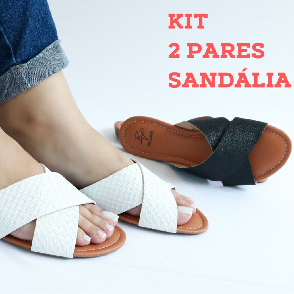 Kit 2 Pares Sandália Feminina Rasteira Confortável Rasteirinha Tira Preta Branca Elegante