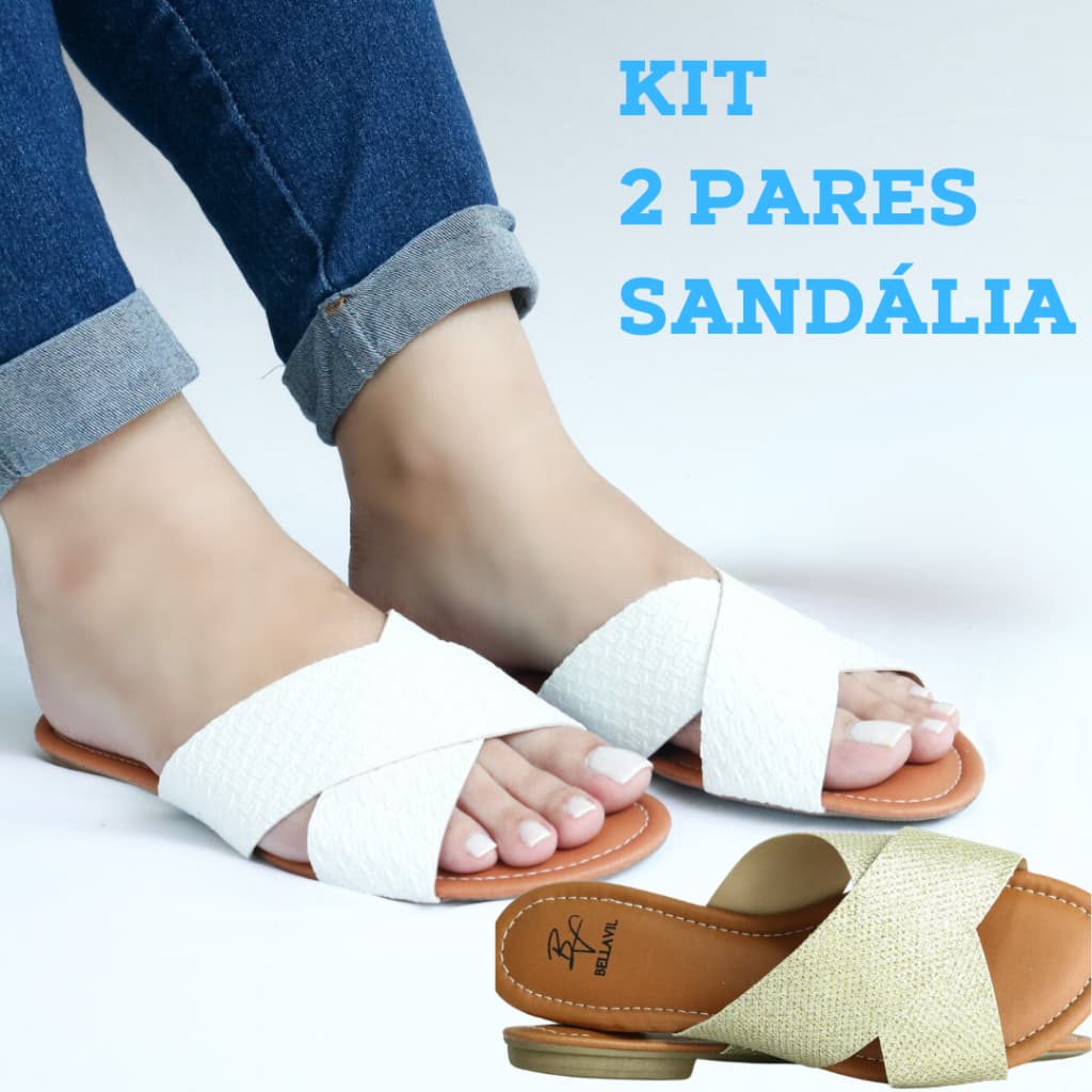 Kit 2 Pares Sandália Feminina Rasteira Confortável Rasteirinha Tira Dourada Branca Elegante