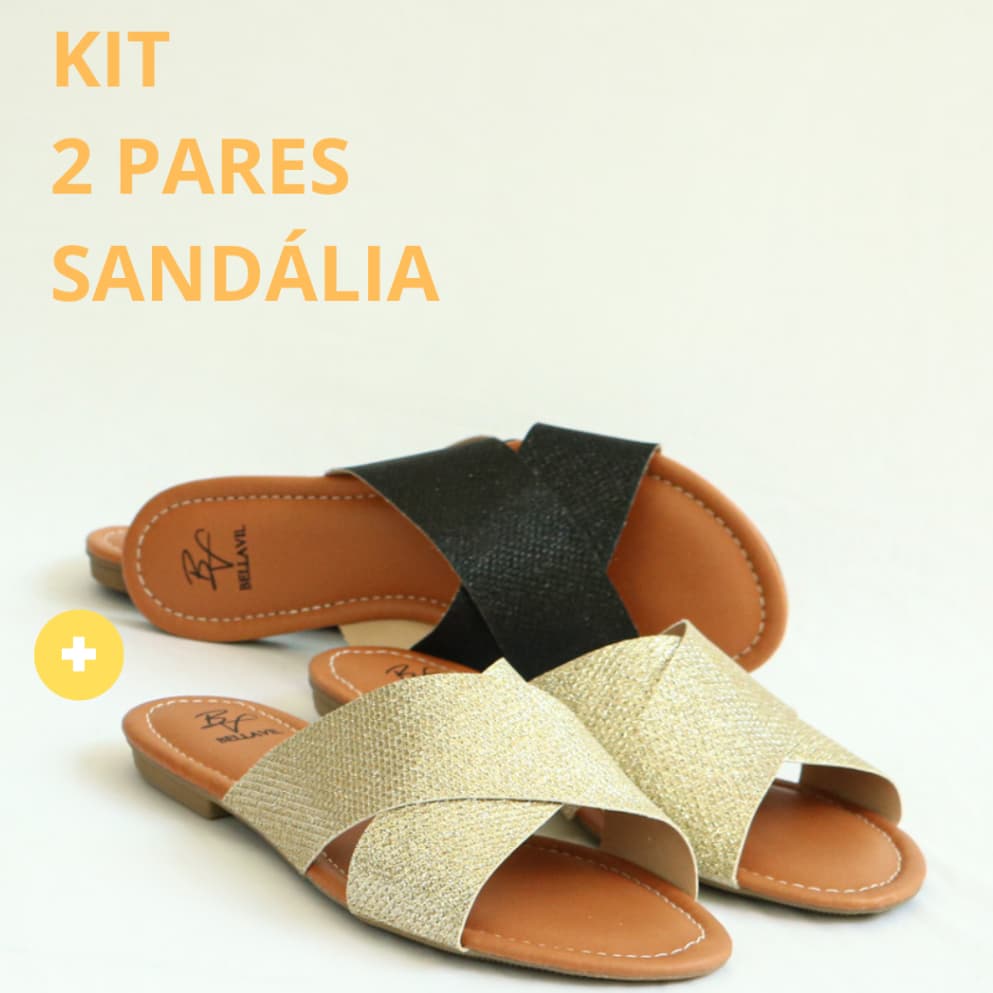 Kit 2 Pares Sandália Feminina Rasteira Confortável Rasteirinha Tira Preta Dourada Elegante