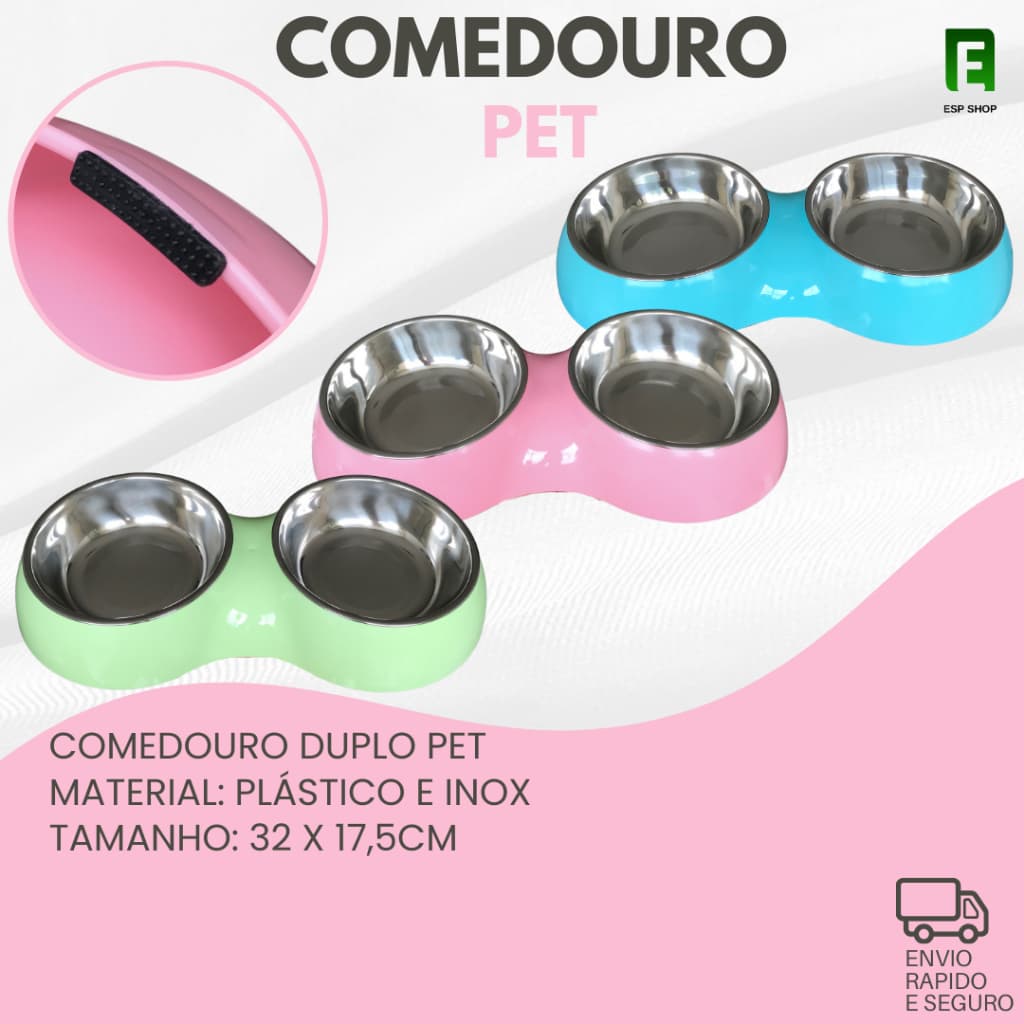Comedouro Comedor 750ml Antiderrapante Pet Duplo Aço Inox Emborrachado Cachorro e Gato 2 Tigelas Removíveis 33cm