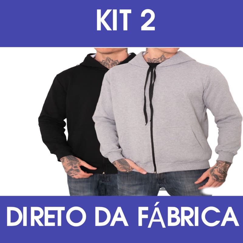 kit 2 Blusa De Frio Casaco Moletom Com Ziper Cor Preta e Cinza