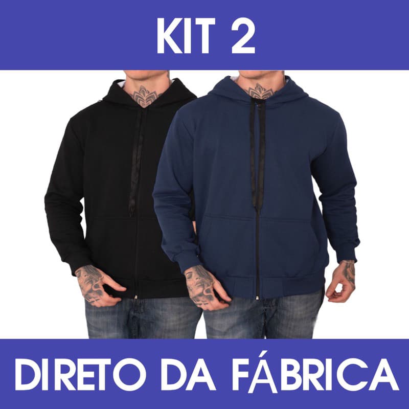 Kit 2 Blusa De Frio Casaco Moletom Com Ziper Cor Preto E Azul Marinho