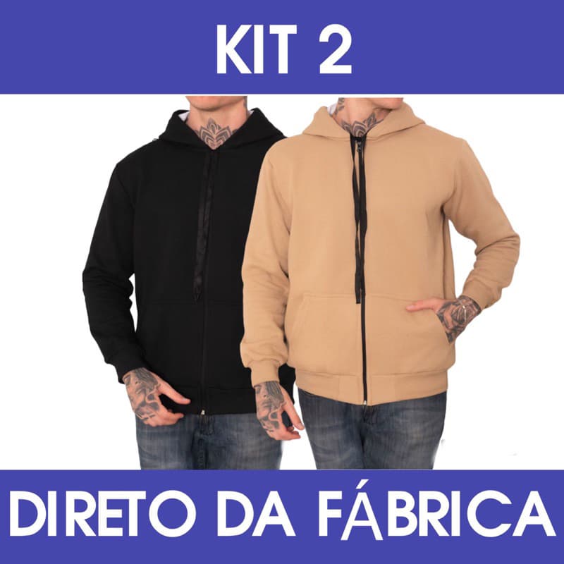 kit 2 Blusa De Frio Casaco Moletom Com Ziper Cor preta E Cáqui