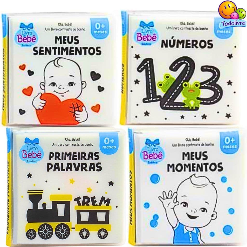 Livro de Banho Bebê Estimula e Desenvolve a Visão Infantil 4 Livros Alto Contraste Anos Iniciais