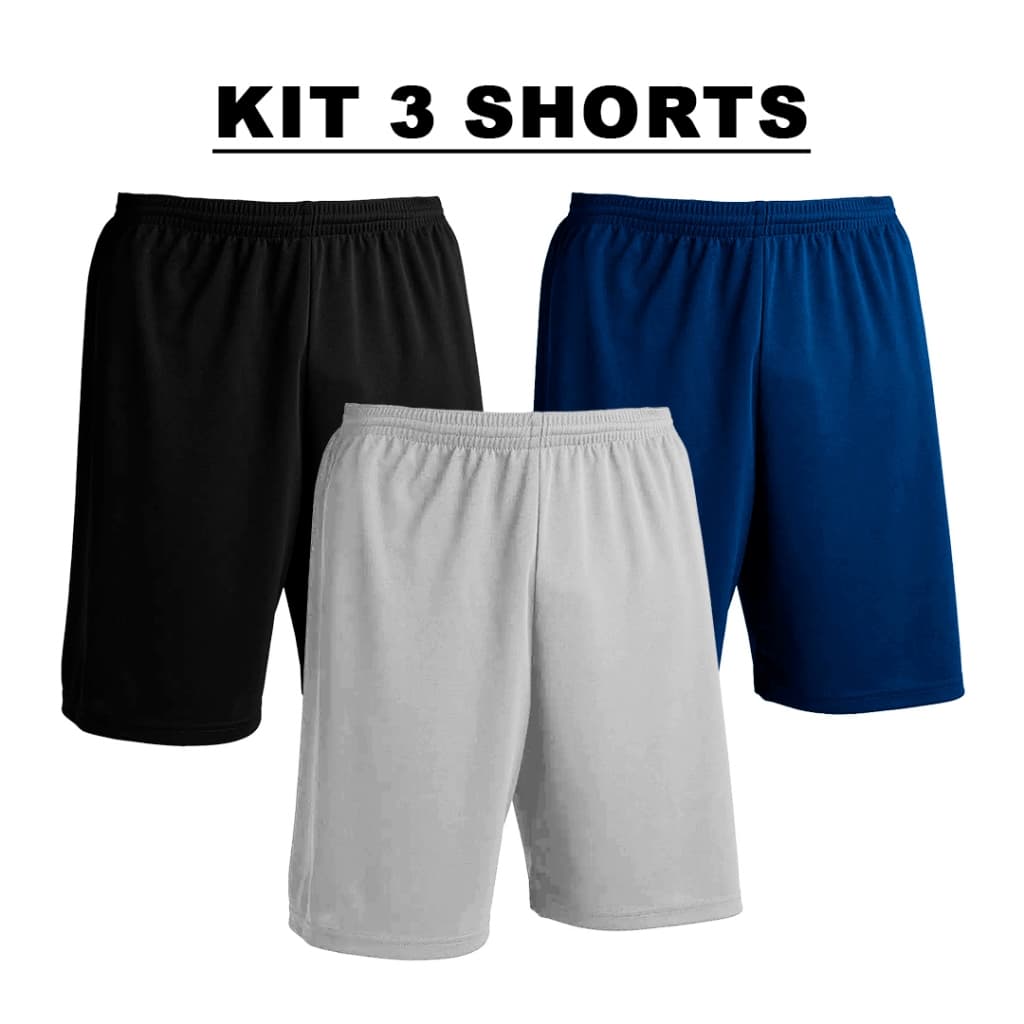 Kit com 3 Shorts Bermuda Calção Básico Preto + Marinho + Cores Shorts Bombey Dry Poliéster Liso