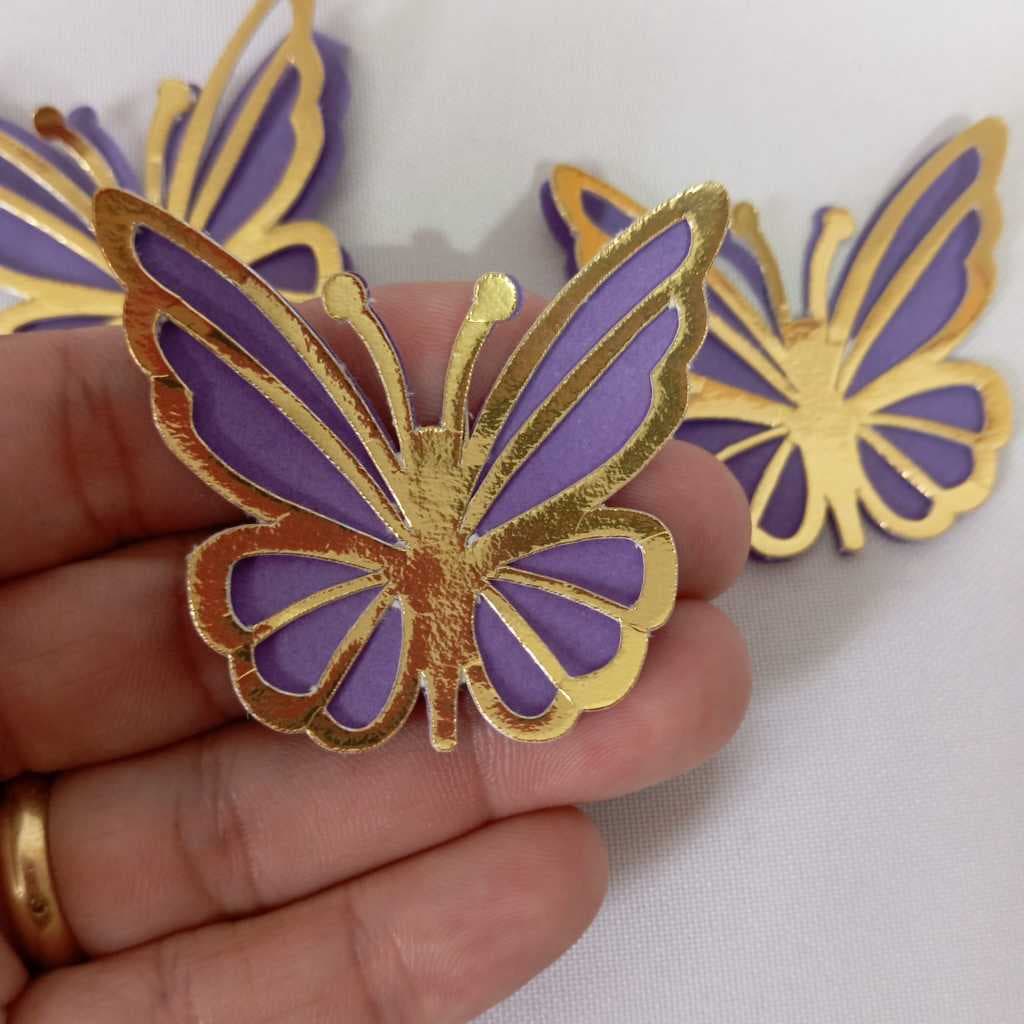 24 unidades borboleta dourada e roxa para topo de bolo e ou decoração aniversário topper