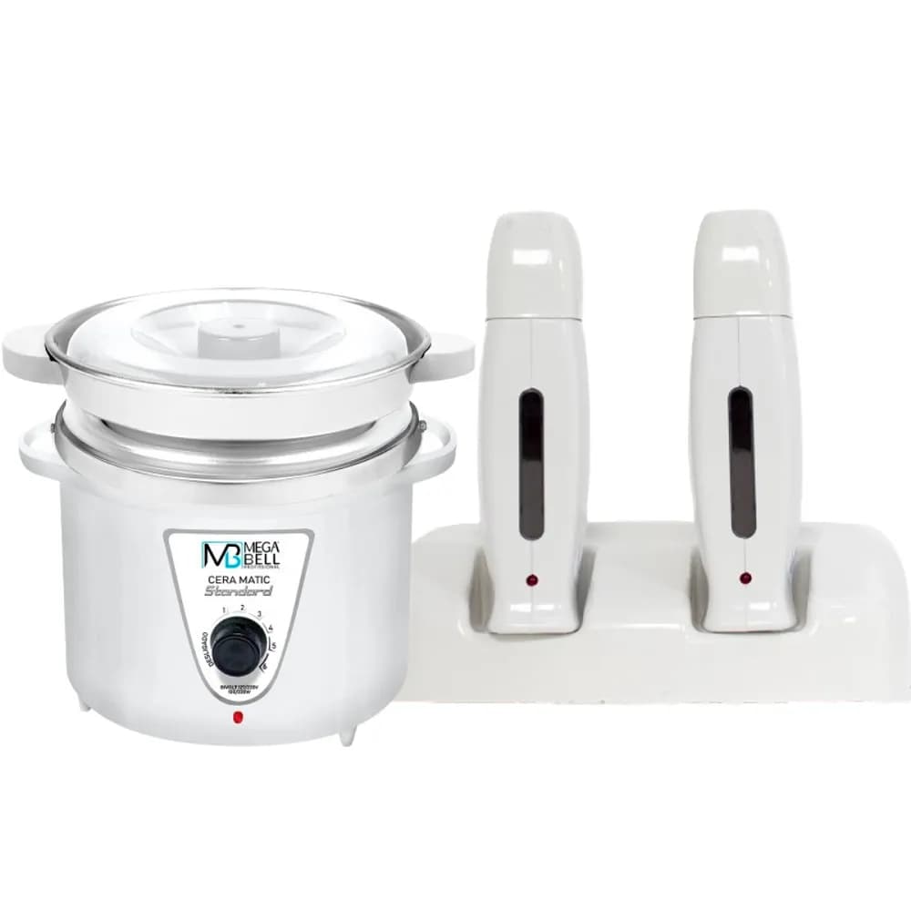 Termocera Panela Depilação 900g c/ Refil + Base Dupla c/ 2 Rollon Toda Branca Mega Bell