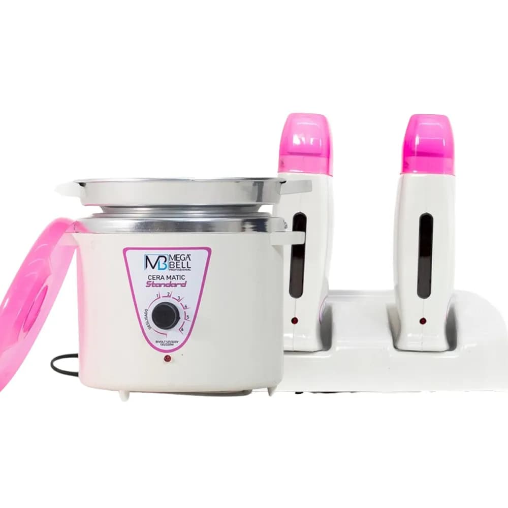 Termocera Panela Depilação 900g c/ Refil + Base Dupla com 2 Rollon Branco c/ Rosa Mega Bell