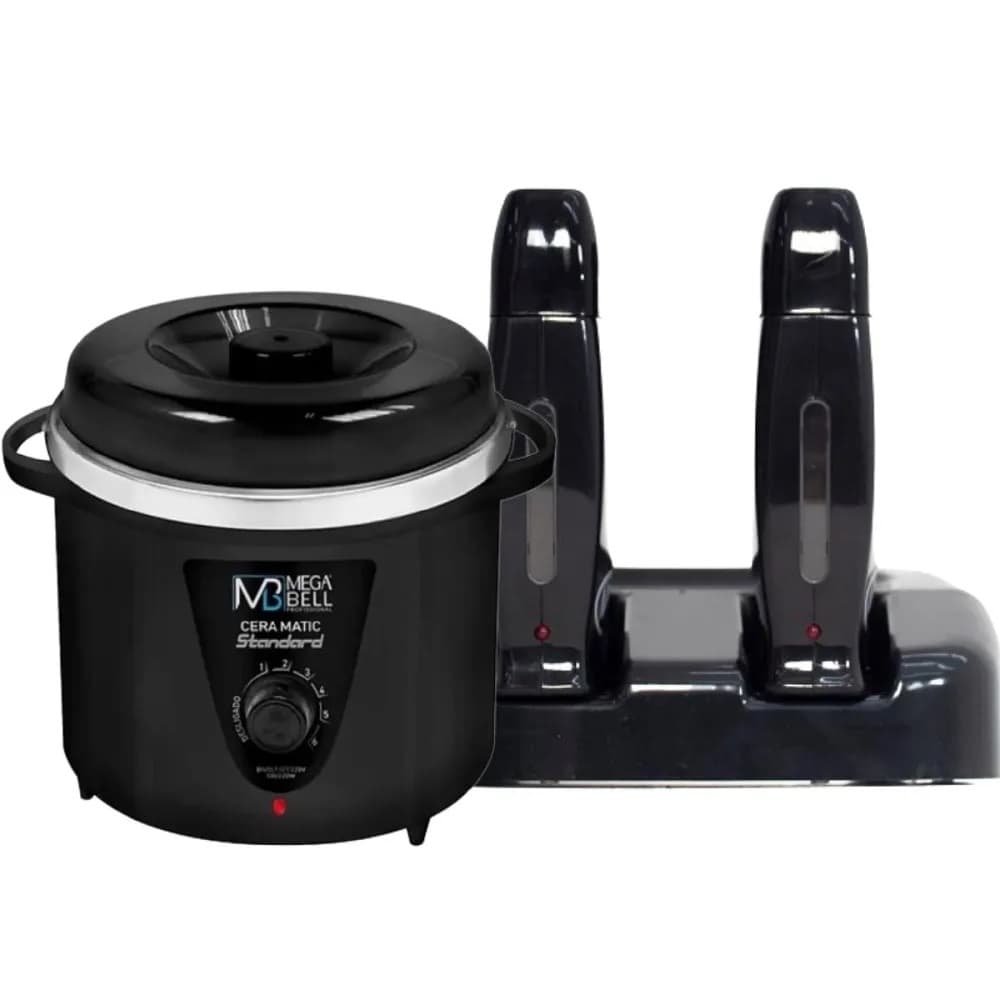 Termocera Panela Depilação 700g Sem Refil Preto + Base Dupla com 2 Rollon Preto Mega Bell