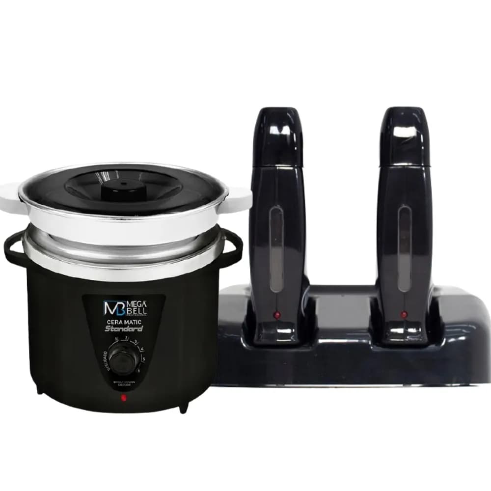 Termocera Panela Depilação 900g c/ Refil + Base Dupla c/ 2 Rollon Preto Mega Bell (7181 + 53 MB)