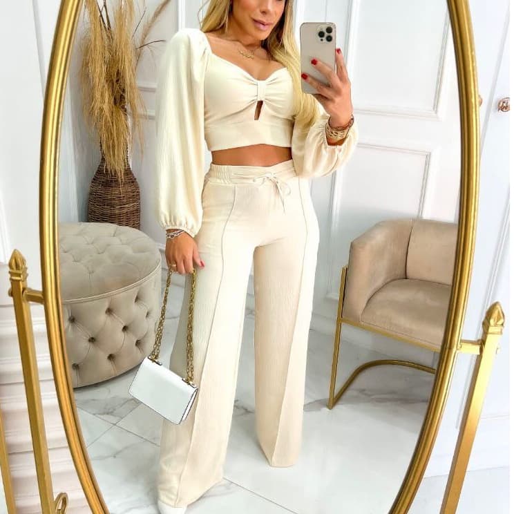 Conjunto blusa com zíper + calça jogger cintura alta com bolsos xadrez