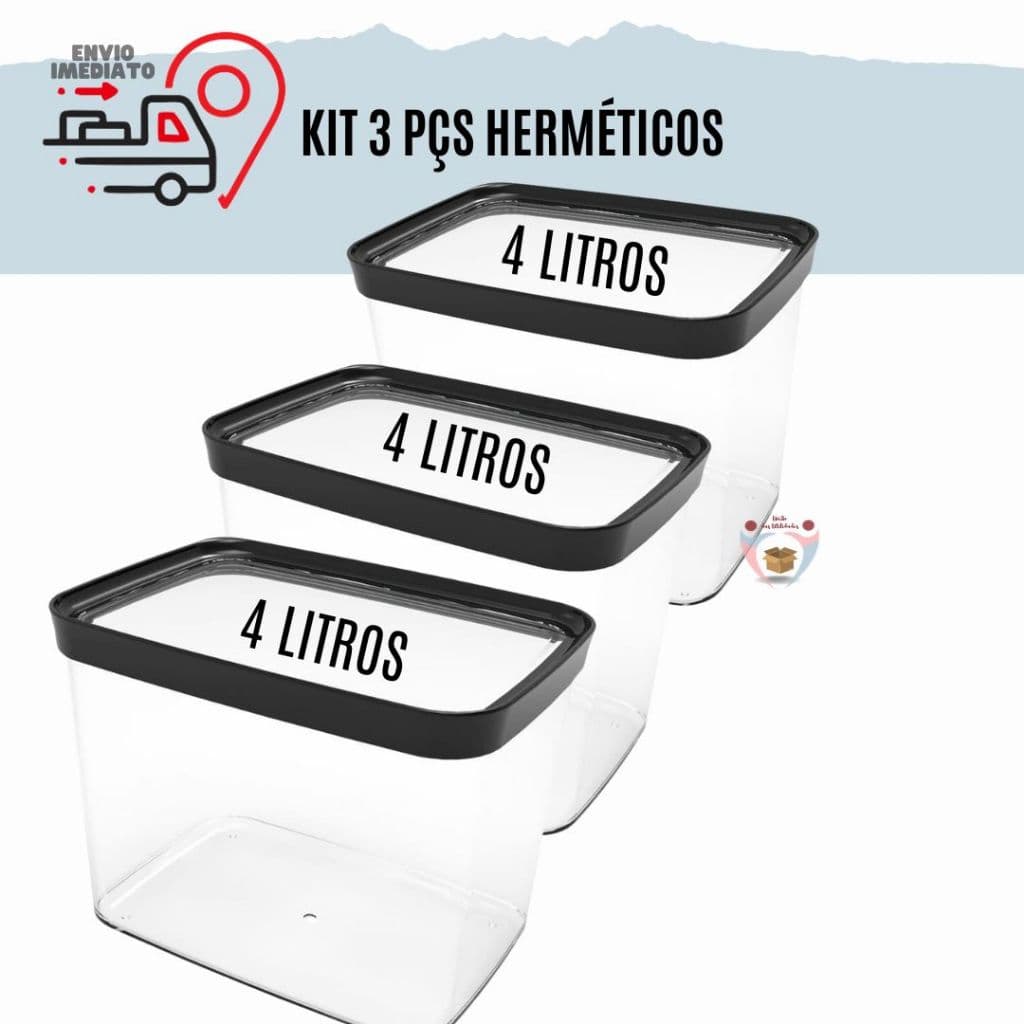 Conjunto Com 3 Potes Herméticos Cozinha  4 Litros Kit Com 3 potes Hermeticos 4000ml Porta Mantimentos para grãos arroz ração Resistente