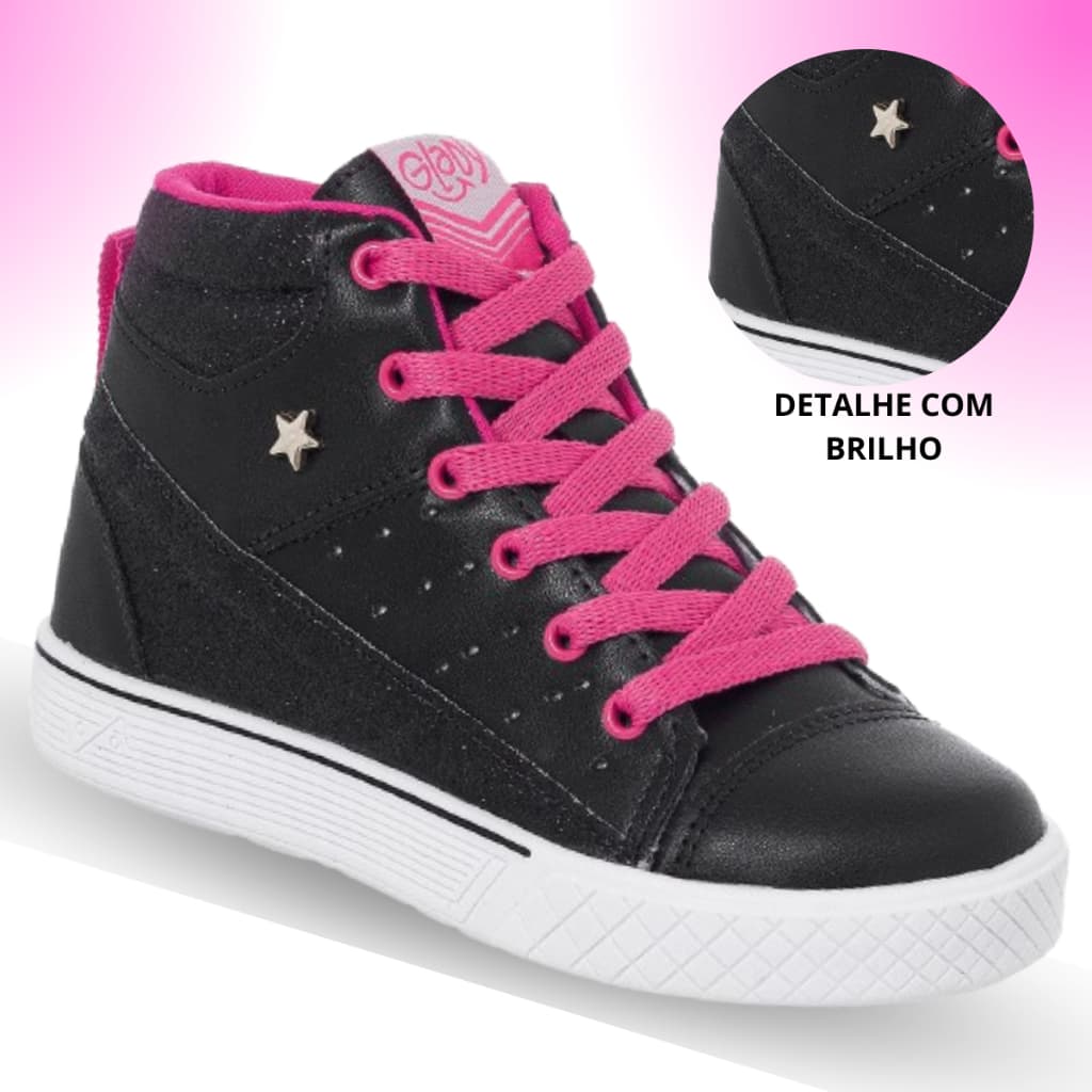 Tênis Infantil Cano Alto Glitter Menina Preto Festa Promoção Glady Joy