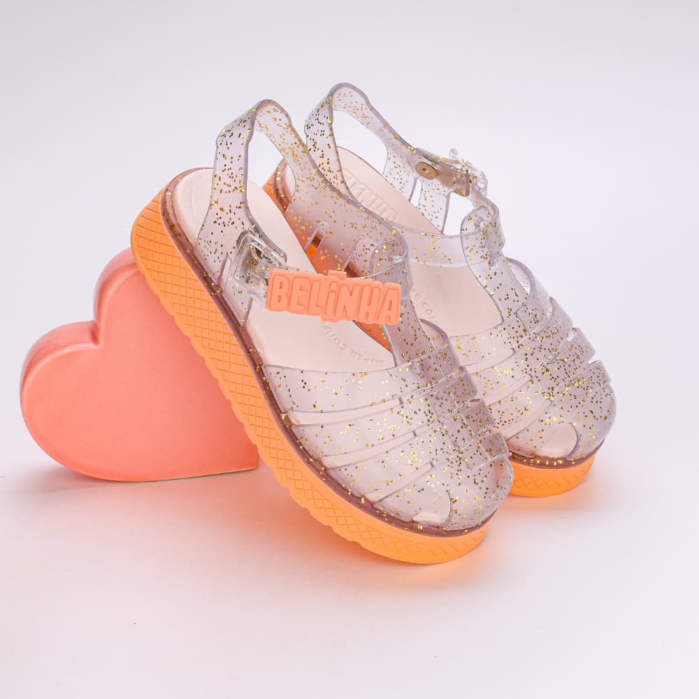 Sandália Infantil Menina Plataforma Kidy by Canal Belinha Oficial Ouro Pêssego Aranha Glitter
