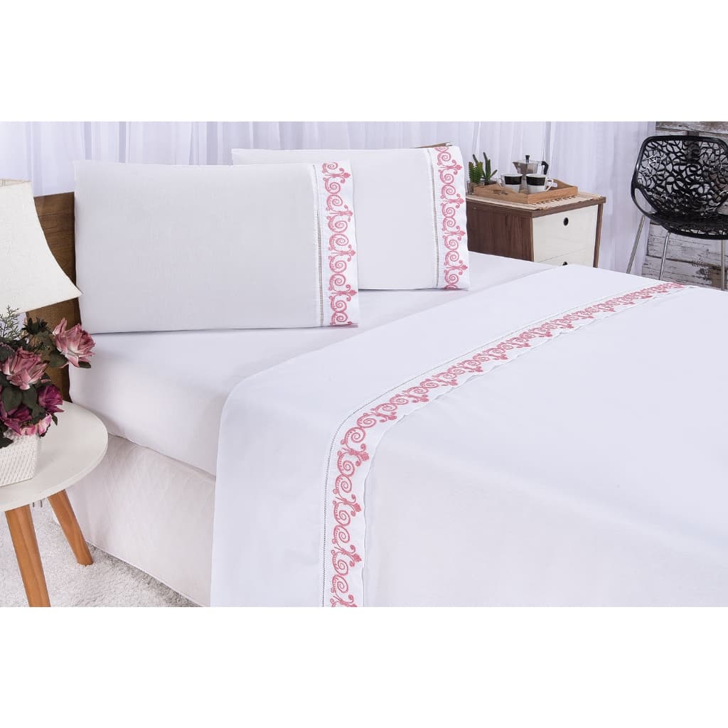 Jogo de Lençol Cama Box Casal Padrão Bordado Atenas Percal 400 Fios 4 peças