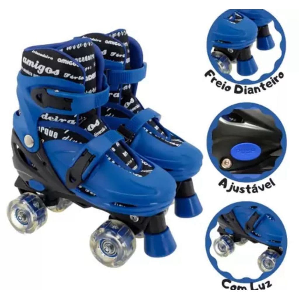 Patins Roller 4 rodas Infantil Quad Rosa Azul Tamanho Ajustável