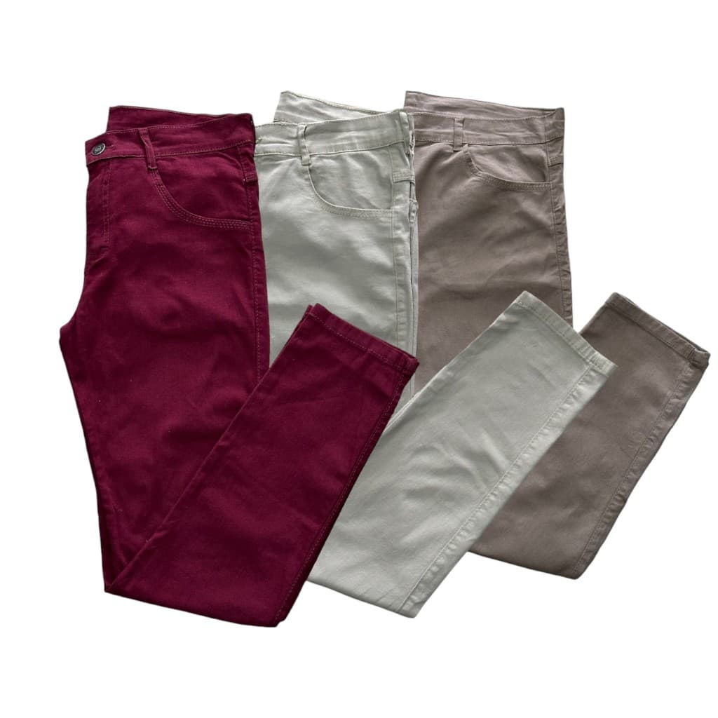 Kit 3 calças de sarja masculina básica lisas com elastano social fechamento em botão diversas tonalidades
