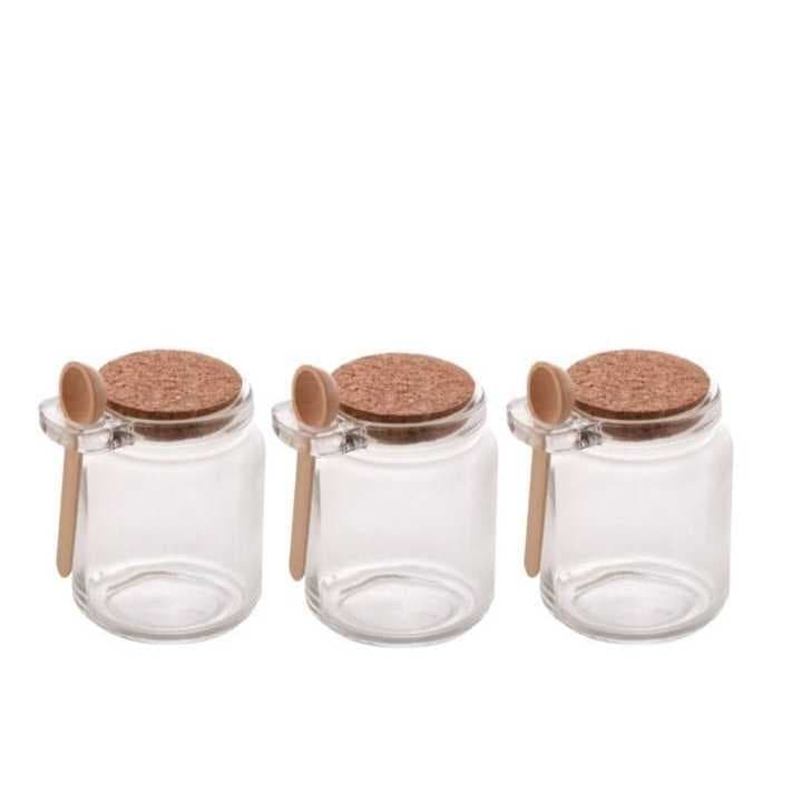 Kit 3 Potes de Vidro com Colher e Tampa Rolha 240 ml
