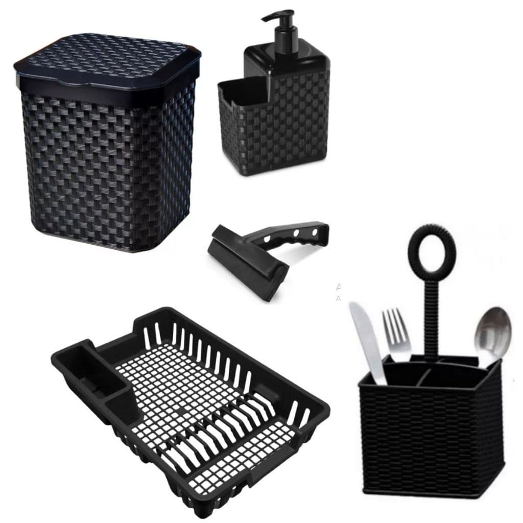 Kit Cozinha 5 Peças Porta Talheres + Escorredor de Pratos e Louça + Porta Detergente Dispenser + Lixeira de Pia 5 Litros + Rodo de Pia Rattan