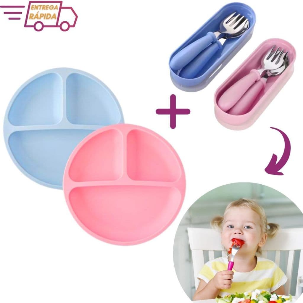 Kit Talheres Aço Inox Sem Ponta com Estojo + Prato Infantil Com Ventosa Silicone