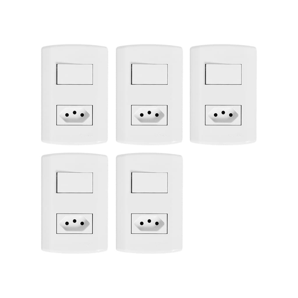 Kit Interruptor Tecla Simples com tomada 10a 20a - 05 unidades Pluzie Pluzi Branca