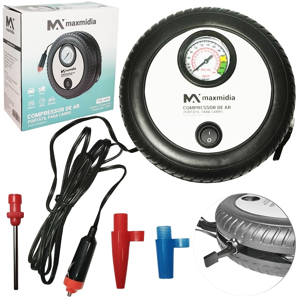 MINI COMPRESSOR DE AR PORTATIL AUTOMOTIVO 12V COM CALIBRADOR + 3 BICOS MAXMIDIA
