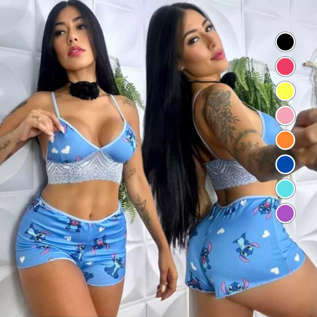Pijama Baby Doll Feminino Estampado Personagens Alçinha Verão Cropped Luxo Conforto para Dormir