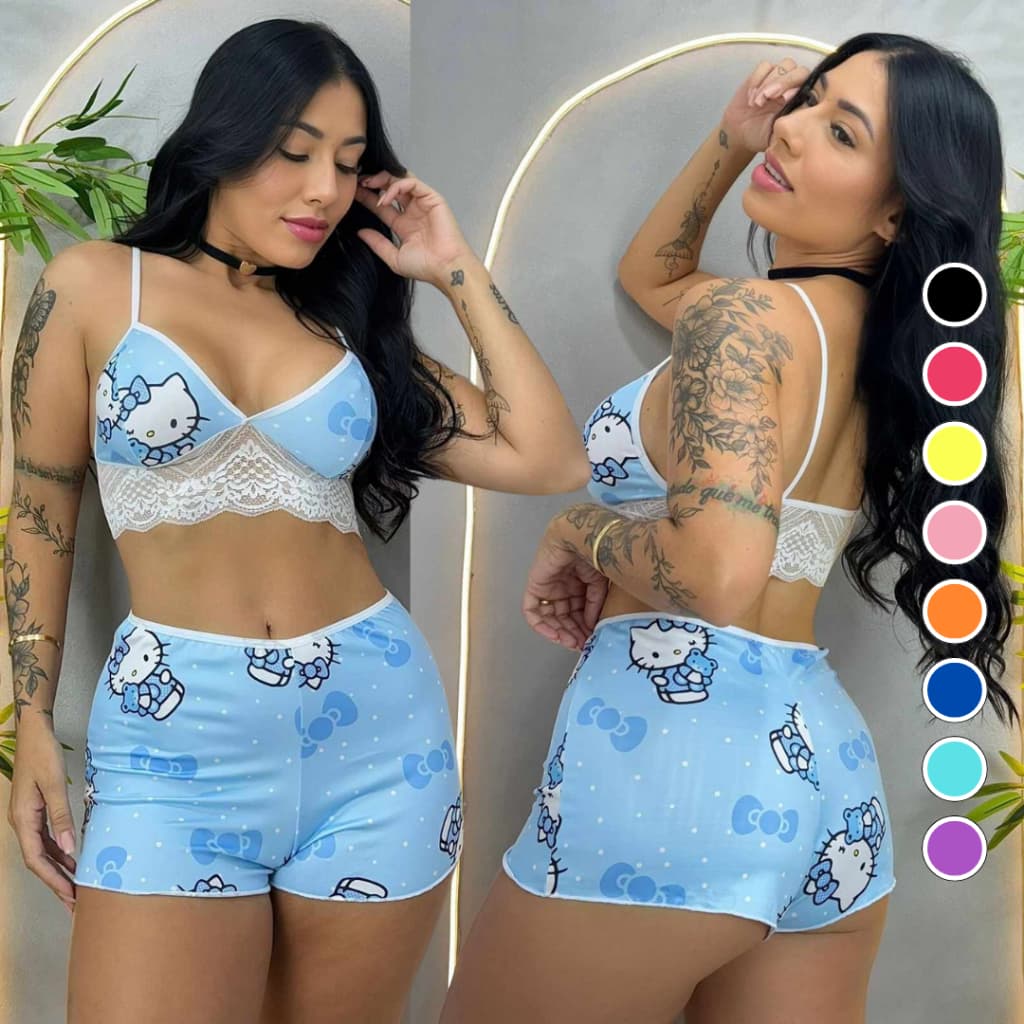 Pijama Baby Doll Personagem Espera Marido Renda Luxo Suede Blogueirinha Cropped Short Doll