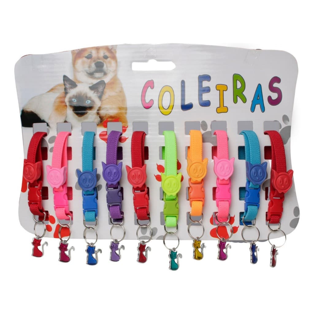 Coleira P/ Gato Cat Cartela Com 10 Unidades Sininho Guizo Pingente Cores Sortidas lisas e Estampadas