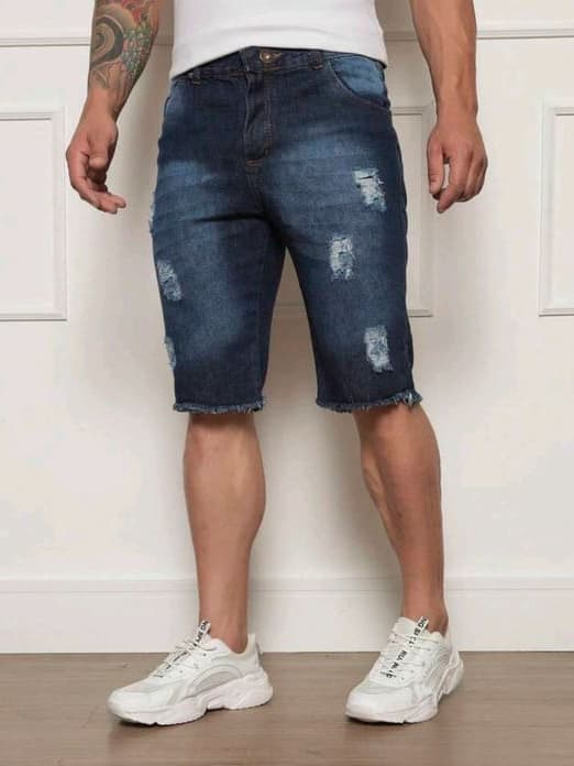 Bermuda Masculina Jeans Escuro Premium Jeans Rasgado Destroyed