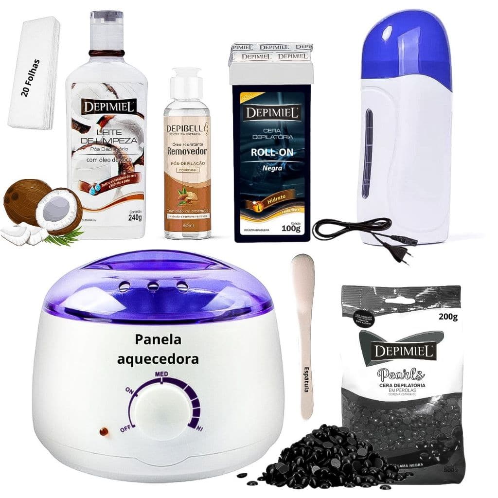 Kit Preto Depilaçao Cera Negra 500g Depimiel Panela Elétrica