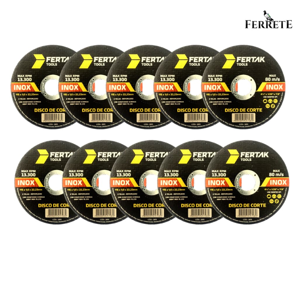 KIT 10 DISCOS DE CORTE AÇO / INOX 4.1/2" x 115x 22x1.0mm 2 TELAS REFORÇADO - FERTAK