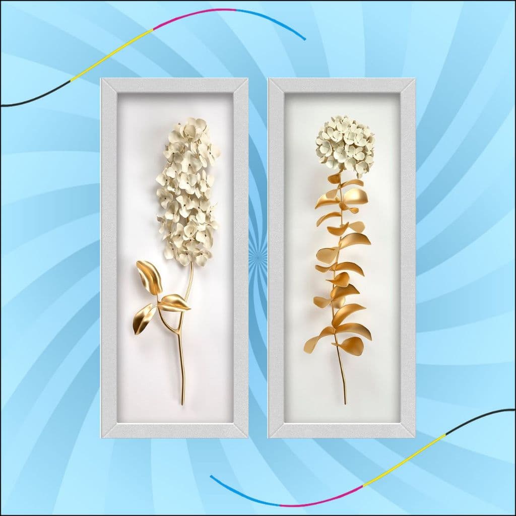 Kit 2 Quadros Lavabo Flor Dourado Ramo De Branco Decoração para banheiro