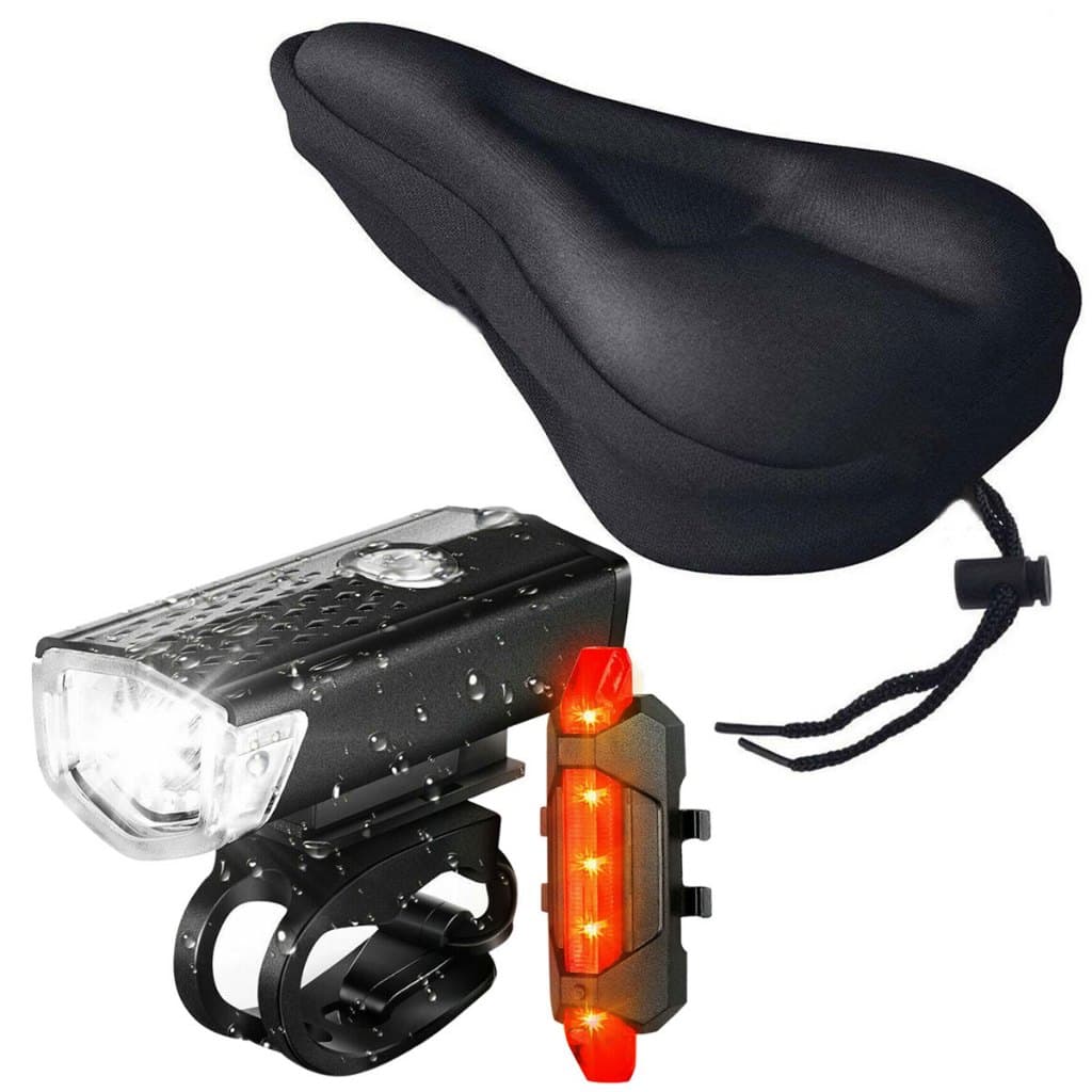 Farol Bike Luz Led Recarregável Ciclismo 300 Lumens + Sinalizador Traseira + Capa de Banco Selim Silicone Gel