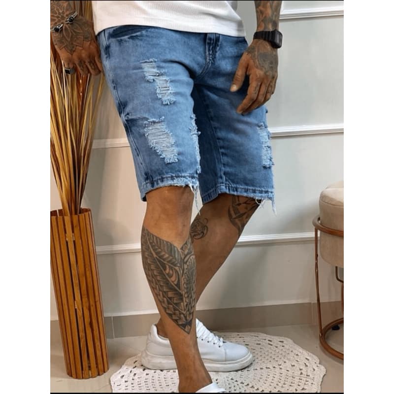 Bermuda Jeans Masculina Rasgado 100%  Algodão