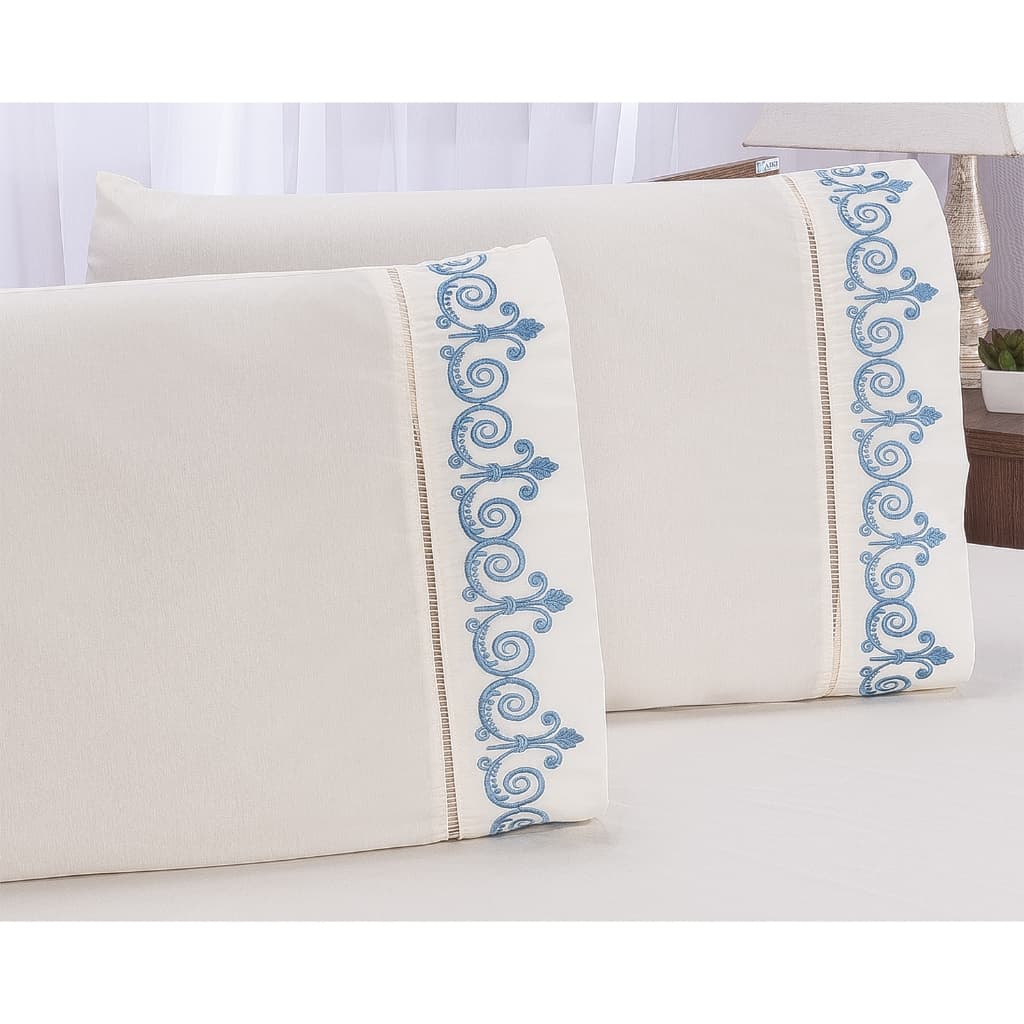 Kit com 4 Fronhas Bordadas com Ponto Palito Algodão Percal 400 Fios Toque Macio Premium