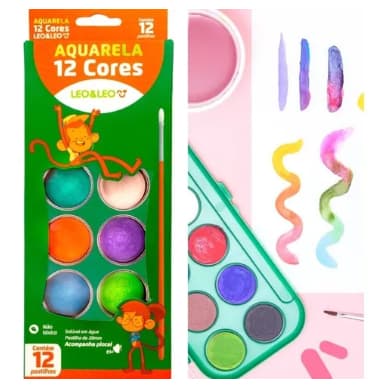 Estojo Aquarela 12 Cores Escolar Tinta e Pincel - Para Personalizar Uso Escolar e Artístico