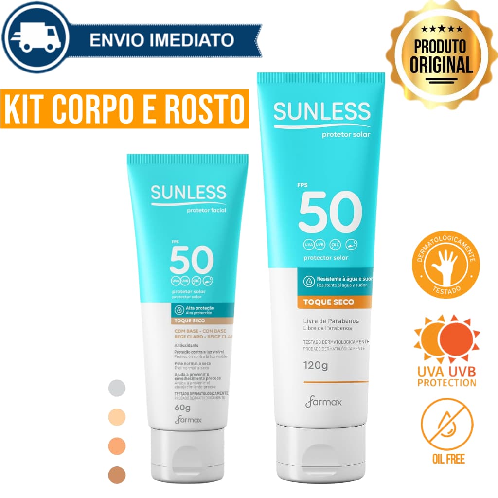 Kit Protetor Solar Corporal 120g + Protetor Solar Facial FPS 50 60g com Base Envio Imediato