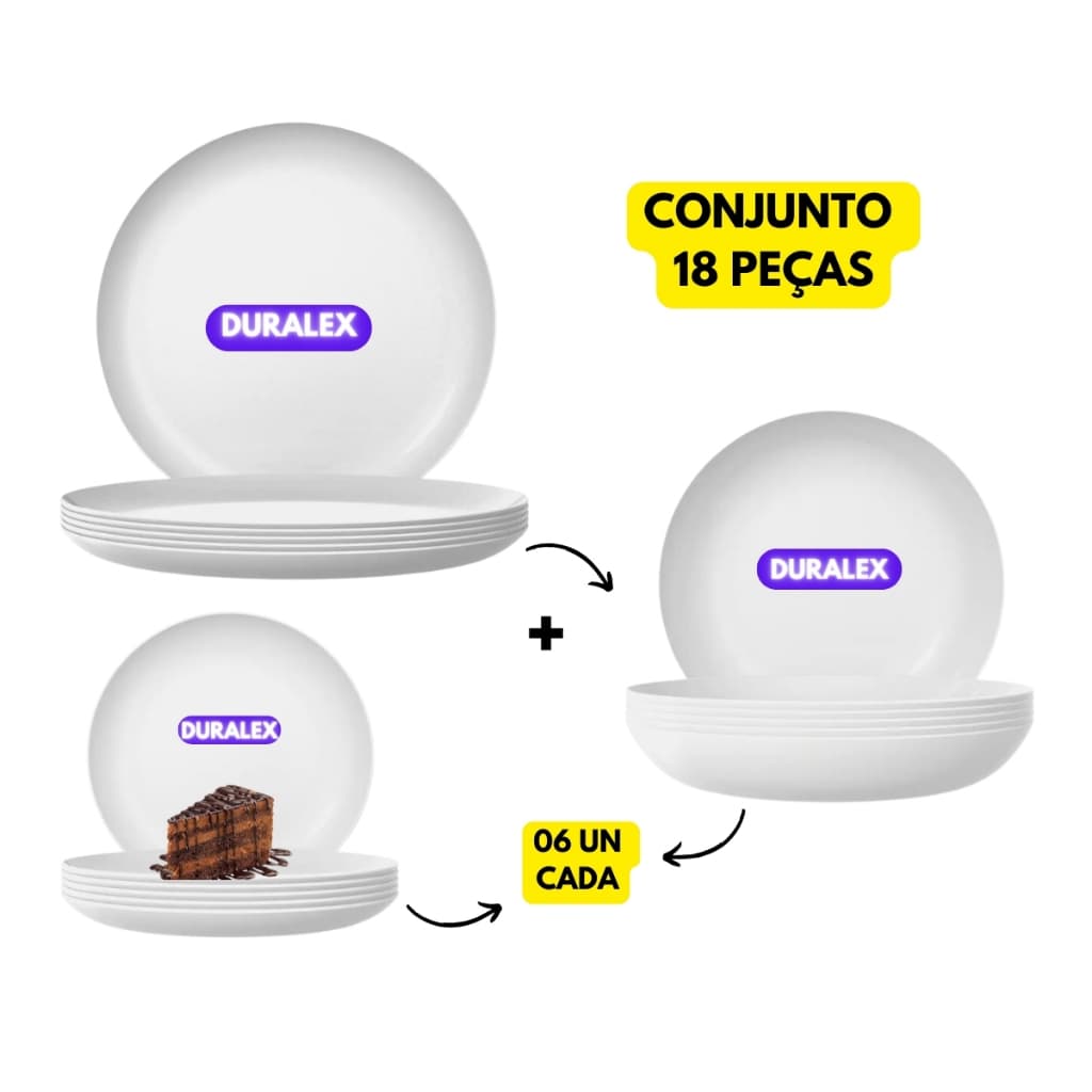 Aparelho Jantar 18 Pratos Branco Duralex Vidro Blanc Raso + Fundo + Sobremesa Refeitório Resistente