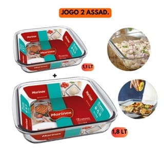 Jogo Kit 2 Assadeira Lasanheira 1,1+1,8LT Quadrada Marinex Vidro Temperado Refratário Refeição Cozinha Transparente Jantar Almoço Forno Sobremesa