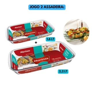 Jogo Kit 2 Assadeira Lasanheira 1,6+2,2LT Retangular Marinex Vidro Jantar Almoço  Temperado Transparente Refratário Refeição Cozinha Forno Sobremesa